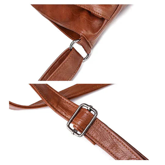 Borsa a tracolla in pelle marrone con fibbia regolabile in metallo, design elegante e pratico, ideale per moda donna e accessori di tendenza.