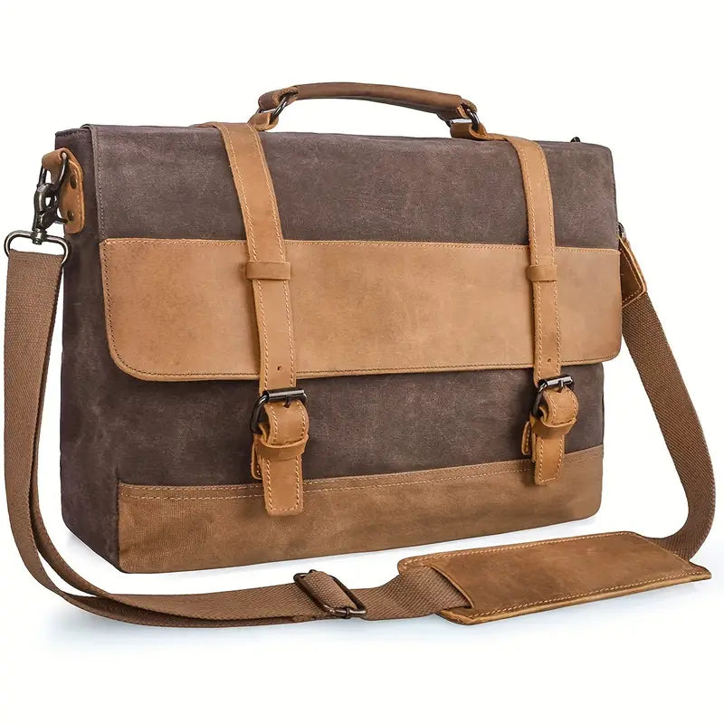 Borsa messenger in tela marrone e pelle, con tracolla regolabile, chiusure a fibbia, ideale per lavoro e viaggio. Elegante e funzionale.