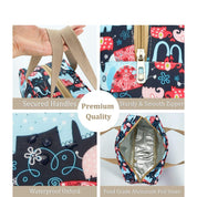 Borsa termica per pranzo con manici rinforzati, cerniera robusta, tessuto Oxford impermeabile, interno in alluminio alimentare. Design elefanti colorati.