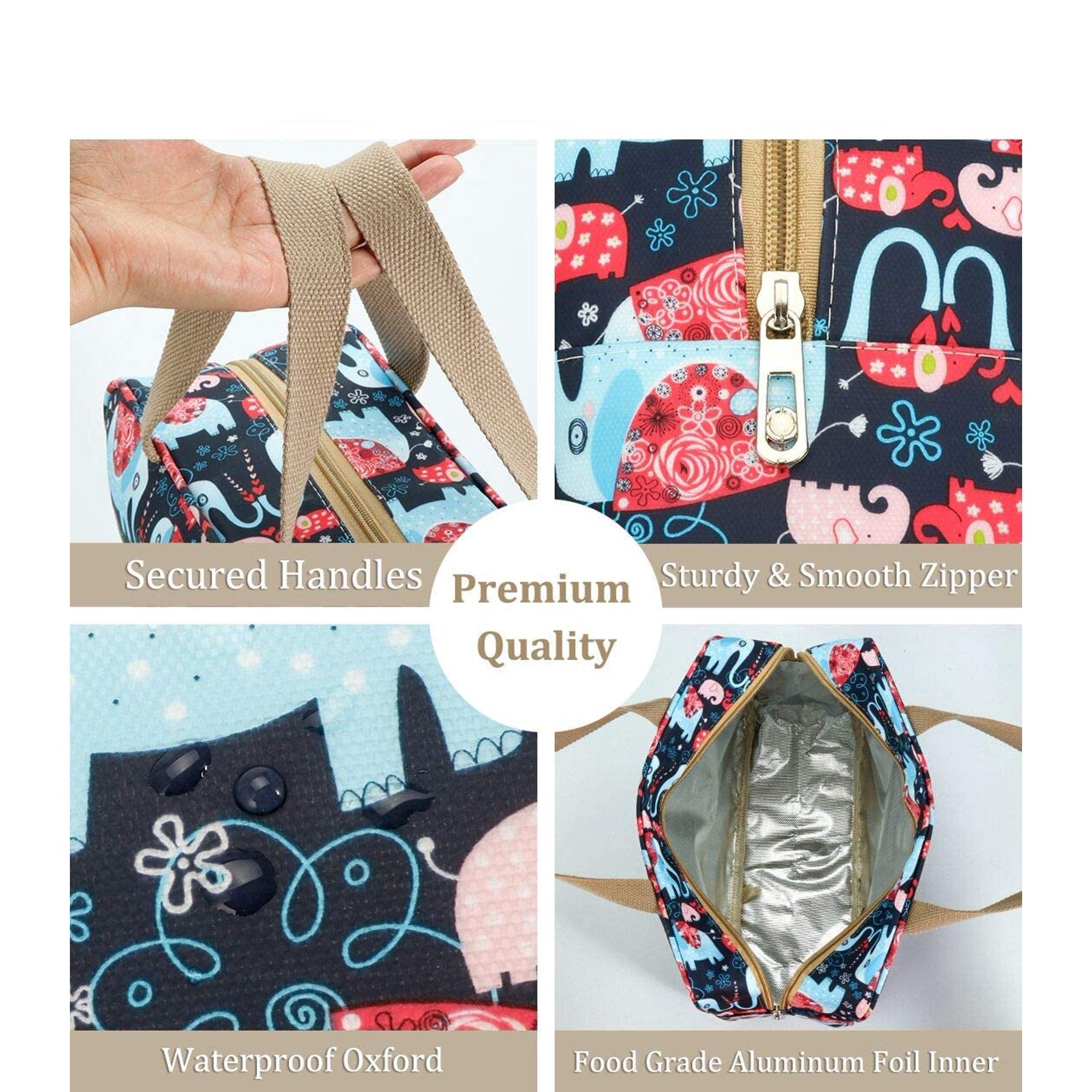 Borsa termica per pranzo con manici rinforzati, cerniera robusta, tessuto Oxford impermeabile, interno in alluminio alimentare. Design elefanti colorati.
