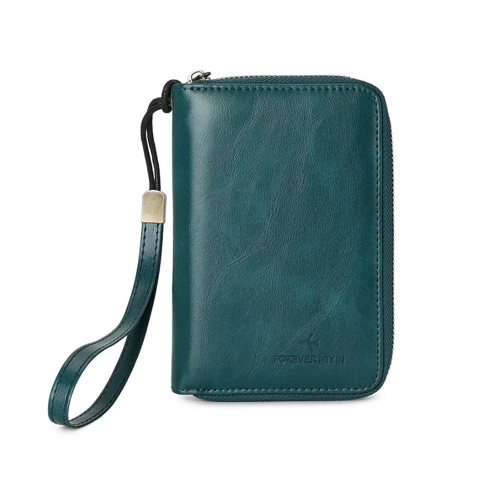 Portafoglio donna in pelle verde con cerniera e cinturino da polso, design elegante e funzionale, accessorio moda di alta qualità.