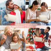 Cuscino massaggiante bianco in uso da coppie, madri e bambini, ideale come regalo di Natale. Perfetto per relax e benessere domestico.