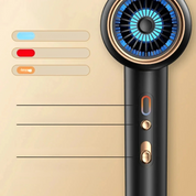 Asciugacapelli nero con design moderno, display LED blu, pulsanti dorati, impostazioni di calore regolabili. Accessorio styling capelli avanzato.