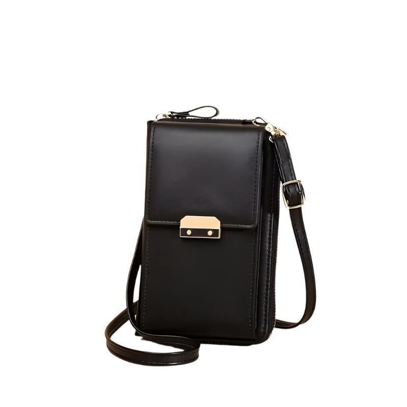 Elegante borsa a tracolla in pelle nera, design compatto con chiusura dorata, ideale per smartphone e accessori. Perfetta per moda e praticità.
