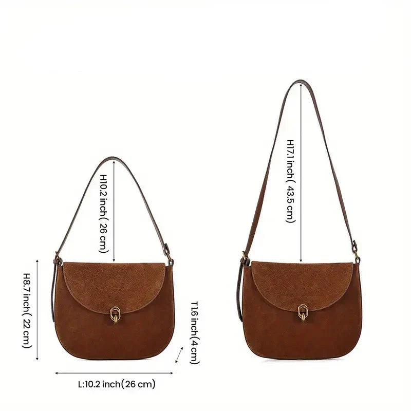 Borsa a tracolla in pelle marrone, design elegante, dimensioni 26x22 cm e 26x43,5 cm, chiusura a fibbia, moda donna, accessorio versatile.