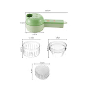 Dispositivo per la cura dei capelli verde con accessori intercambiabili, misure dettagliate, ideale per massaggio e pulizia del cuoio capelluto.