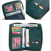 Portafoglio in pelle verde con zip, scomparti per carte di credito, passaporto, banconote e SIM. Design compatto e funzionale per viaggiatori.