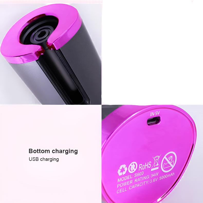 Caricabatterie portatile USB rosa, modello S600, capacità 5000mAh, compatibile RoHS, ricarica dal basso, potenza 34W, ingresso 5V.