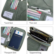 Portafoglio verde in pelle con slot per carte, penna e passaporto, tasca con zip per contanti e documenti. Design elegante e funzionale per viaggiatori.