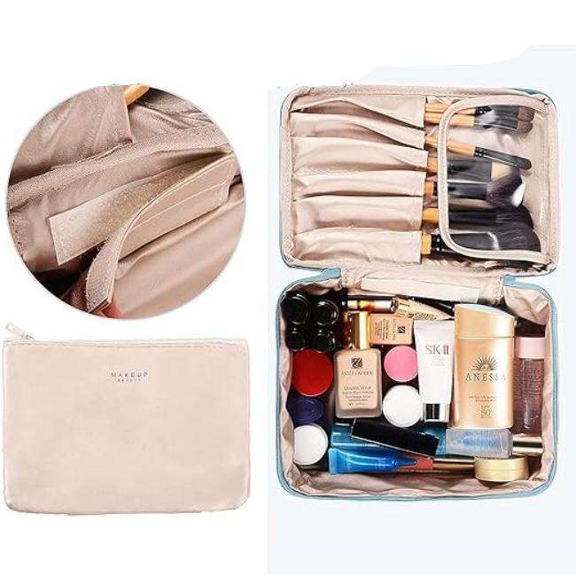 Borsa trucco beige con scomparti, pennelli e prodotti cosmetici. Organizer da viaggio per make-up, compatto e spazioso. Accessorio beauty essenziale.