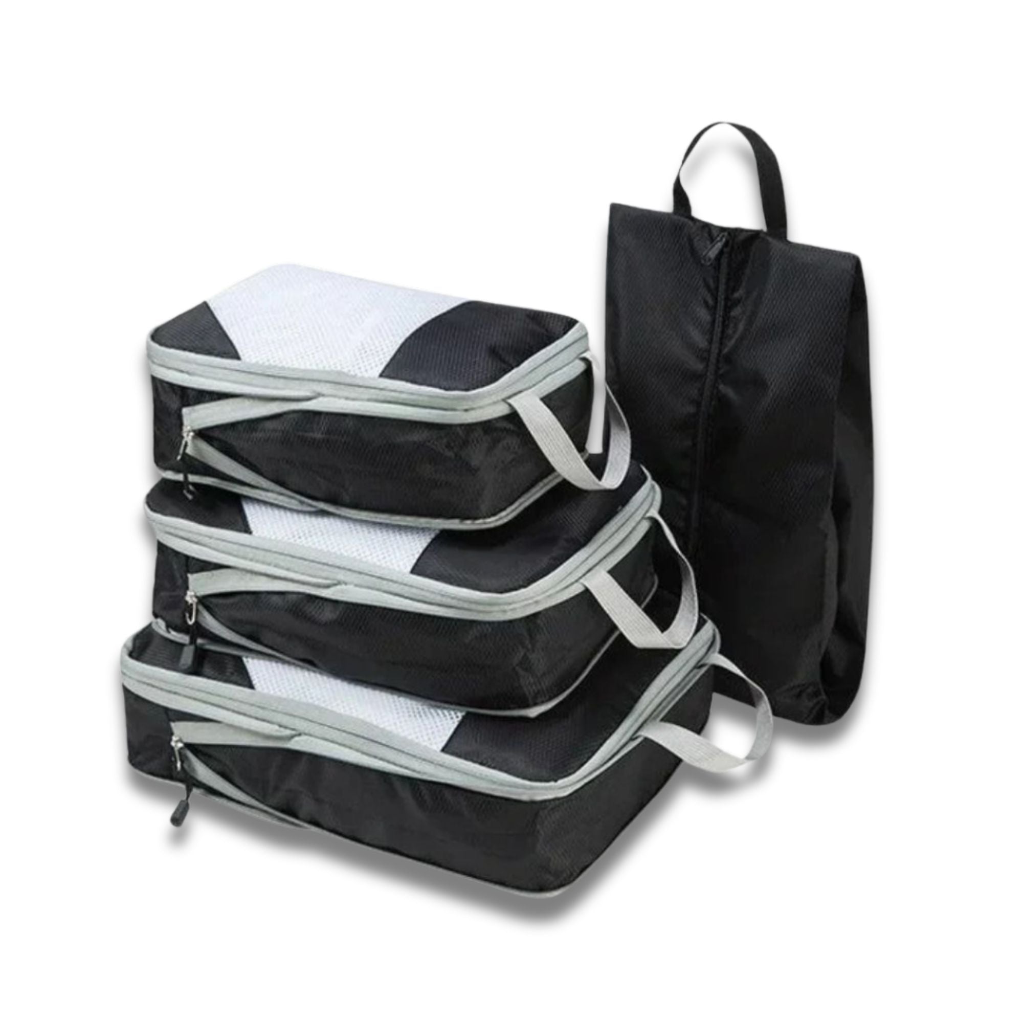 Set di organizer da viaggio neri con cerniera, quattro cubi impilati e una borsa con manico. Ideali per valigie, accessori viaggio, organizzazione bagagli.