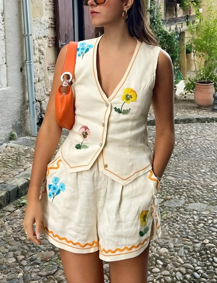 Donna con completo estivo in lino bianco, decorato con fiori colorati, borsa arancione, occhiali da sole, su strada acciottolata. Moda estiva casual.
