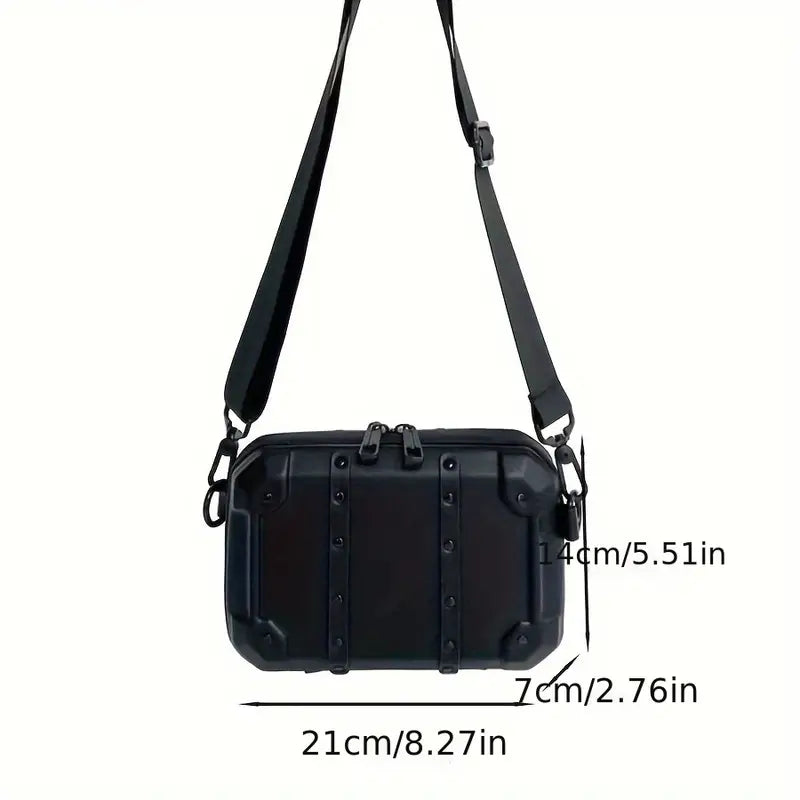 Borsa a tracolla nera unisex, design moderno e compatto, dimensioni 21x14x7 cm, ideale per uso quotidiano e viaggi.