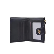 Portafoglio in pelle nera aperto, con scomparti per carte, finestra ID e chiusura a zip dorata. Elegante accessorio moda uomo/donna.