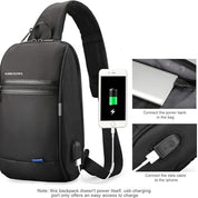 Zaino monospalla nero con porta USB, power bank e cavo dati per iPhone. Design moderno, ideale per viaggi e lavoro. Tasche multiple, resistente.