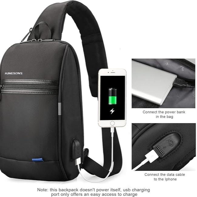 Zaino monospalla nero con porta USB, power bank e cavo dati per iPhone. Design moderno, ideale per viaggi e lavoro. Tasche multiple, resistente.