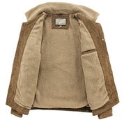 Giacca invernale marrone in velluto a coste con fodera in pelliccia sintetica beige, tasca interna, ideale per moda uomo, abbigliamento caldo.