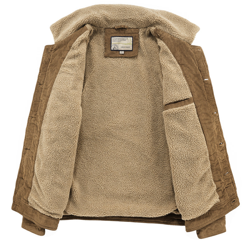Giacca invernale marrone in velluto a coste con fodera in pelliccia sintetica beige, tasca interna, ideale per moda uomo, abbigliamento caldo.