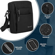 Borsa a tracolla nera in tessuto impermeabile, cerniera hardware, tracolla regolabile, materiale di alta qualità. Ideale per uomo e donna.