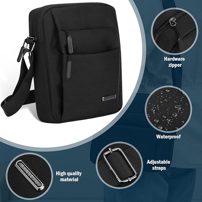 Borsa a tracolla nera in tessuto impermeabile, cerniera hardware, tracolla regolabile, materiale di alta qualità. Ideale per uomo e donna.