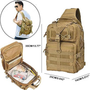 Zaino tattico militare beige, multifunzionale, con tasche multiple, dimensioni 35x25x14 cm, ideale per escursioni, campeggio e attività outdoor.