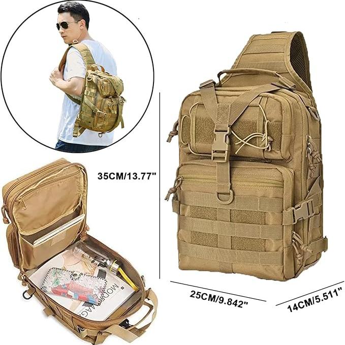 Zaino tattico militare beige, multifunzionale, con tasche multiple, dimensioni 35x25x14 cm, ideale per escursioni, campeggio e attività outdoor.