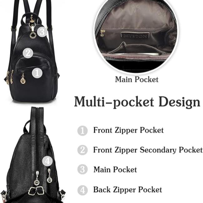Zaino nero in pelle con design multi-tasca, include tasca principale, tasche frontali con zip e tasca posteriore. Ideale per viaggi e uso quotidiano.