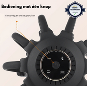 Dispositivo di massaggio nero con pulsante centrale, design ergonomico, certificato "Doctor Recommended". Facile da usare, ideale per rilassamento muscolare.