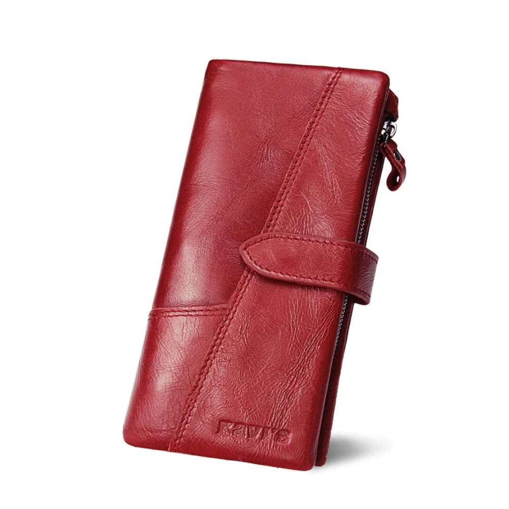 Portafoglio donna in pelle rossa, design elegante con chiusura a bottone, scomparti multipli, ideale per moda e accessori femminili.