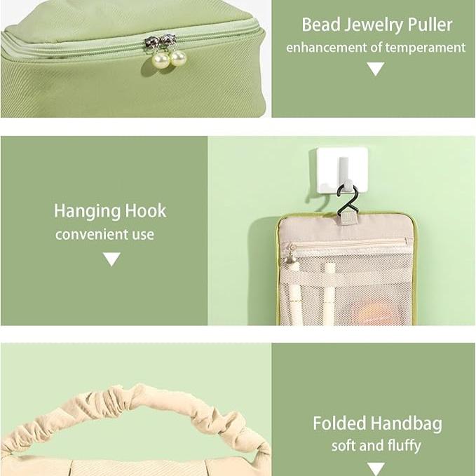 Borsa pieghevole beige con gancio appendiabiti, chiusura con perle e manico morbido. Ideale per gioielli, accessori moda, praticità e stile.