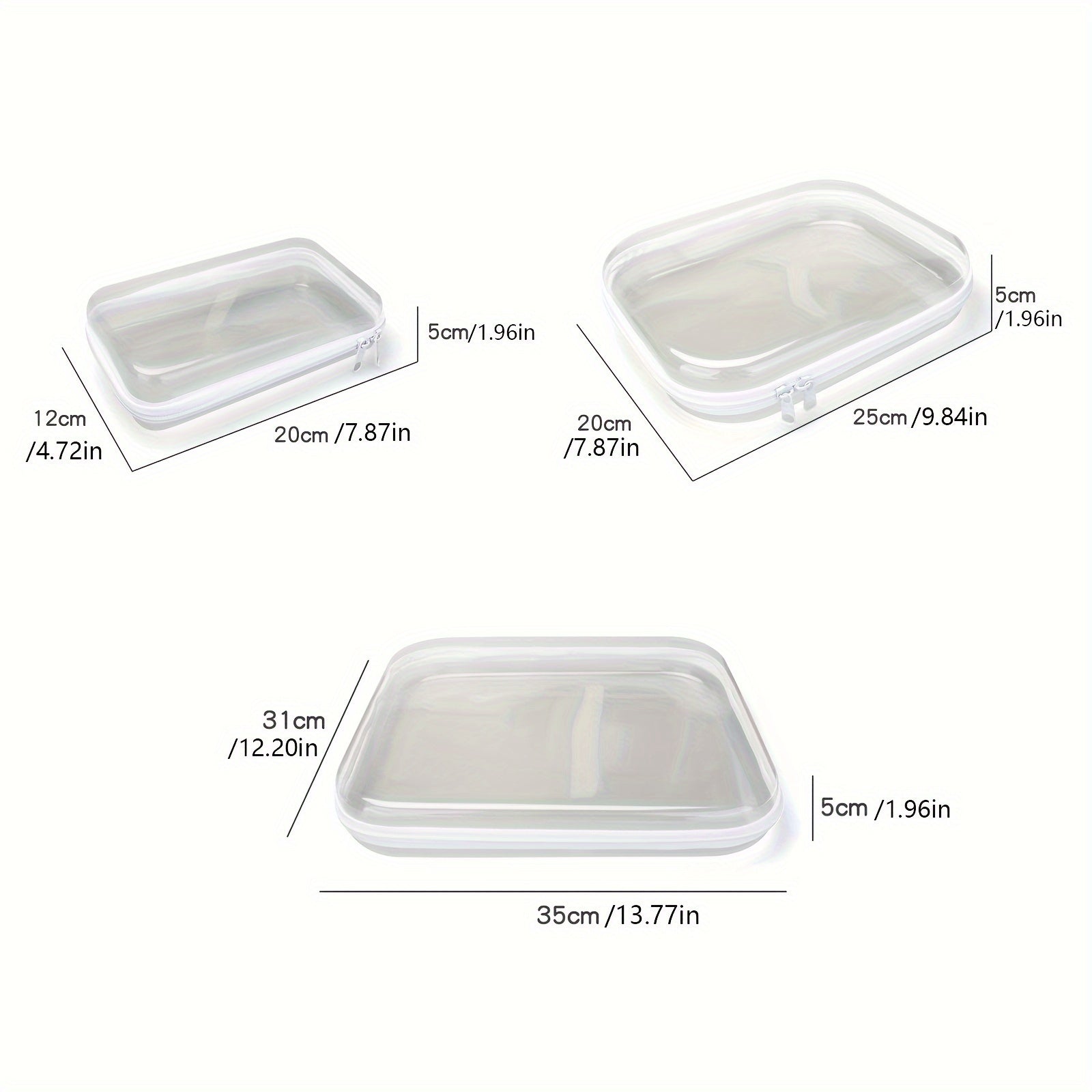 Set di tre contenitori in silicone trasparente con coperchio, dimensioni: 20x12x5 cm, 25x20x5 cm, 35x31x5 cm. Ideali per conservare alimenti.