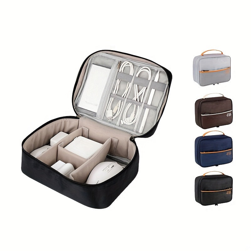 Borsa organizer per cavi e accessori elettronici, disponibile in quattro colori: nero, grigio, marrone e blu. Design compatto e tasche multiple.