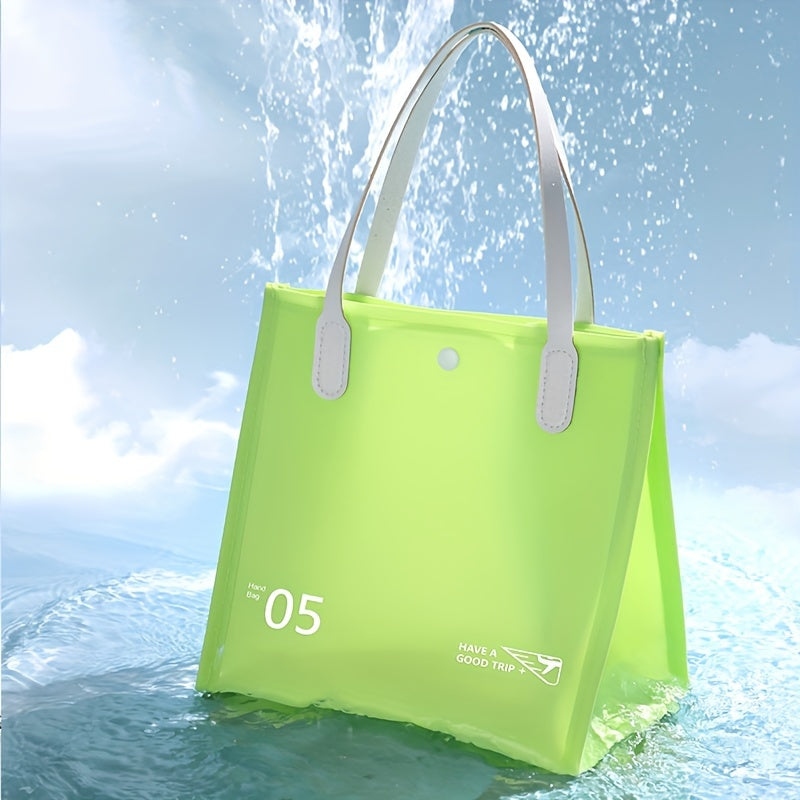 Borsa impermeabile verde trasparente con manici bianchi, ideale per viaggi e spiaggia. Design moderno, resistente all'acqua, perfetta per l'estate.