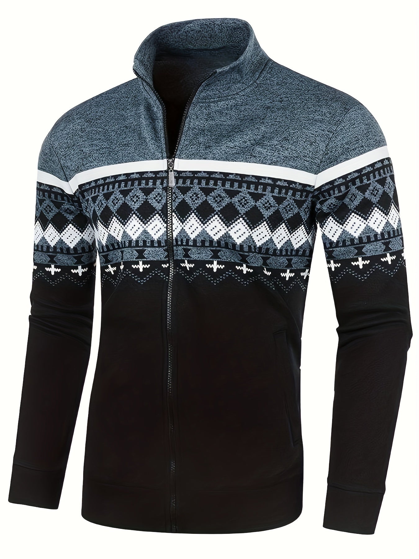 Giacca uomo invernale con zip, motivo geometrico nordico, colori nero e grigio, maniche lunghe, ideale per moda casual e sportiva.