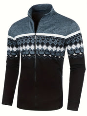 Giacca uomo invernale con zip, motivo geometrico nordico, colori nero e grigio, maniche lunghe, ideale per moda casual e sportiva.