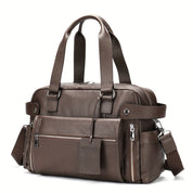 Borsa a tracolla in pelle marrone per uomo, design elegante con tasche multiple e cerniere, ideale per lavoro e viaggio. Accessorio moda maschile.