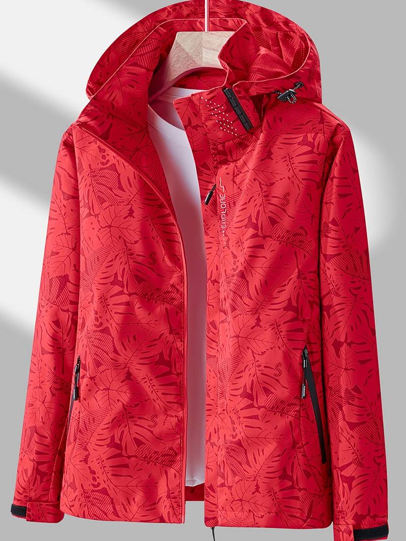 Giacca a vento rossa con cappuccio, motivo foglie, zip frontale, tasche laterali con cerniera. Abbigliamento outdoor impermeabile e traspirante.
