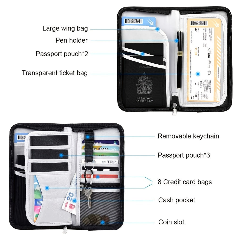 Portafoglio da viaggio nero con scomparti per passaporto, biglietti, carte di credito, portachiavi rimovibile, tasca per contanti e monete.