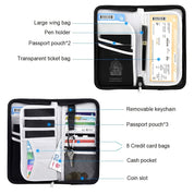 Portafoglio da viaggio nero con scomparti per passaporto, biglietti, carte di credito, portachiavi rimovibile, tasca per contanti e monete.