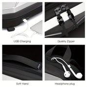 Zaino multifunzione con caricatore USB, cerniera di qualità, manico morbido e presa per cuffie. Ideale per viaggi e lavoro.