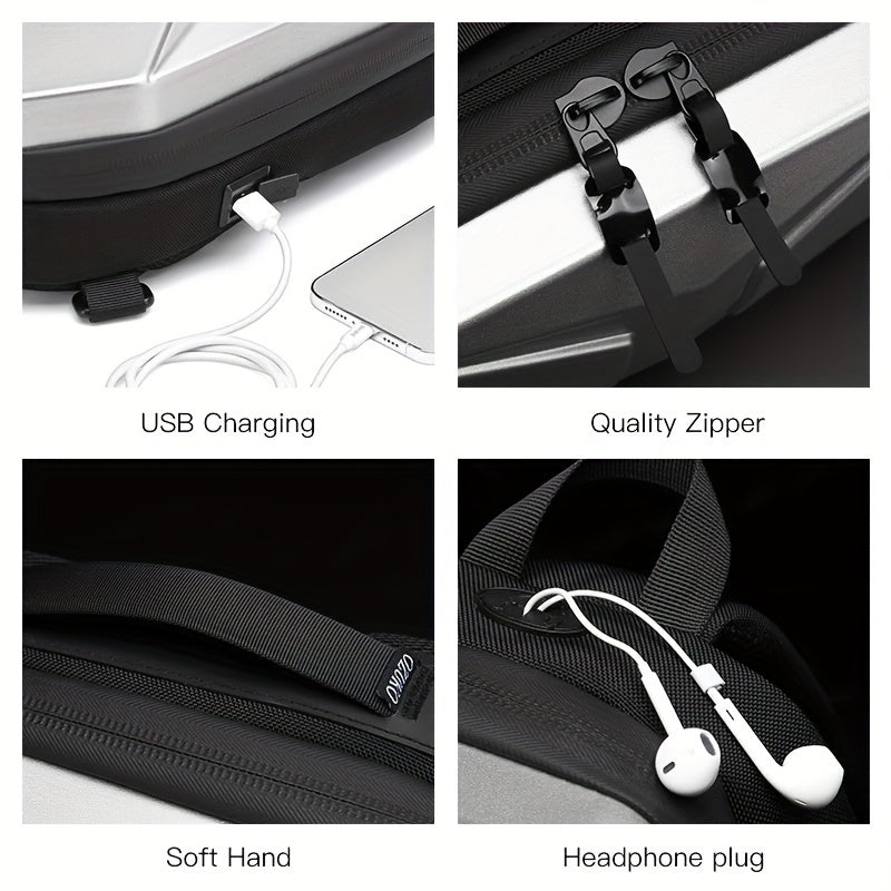 Zaino multifunzione con caricatore USB, cerniera di qualità, manico morbido e presa per cuffie. Ideale per viaggi e lavoro.