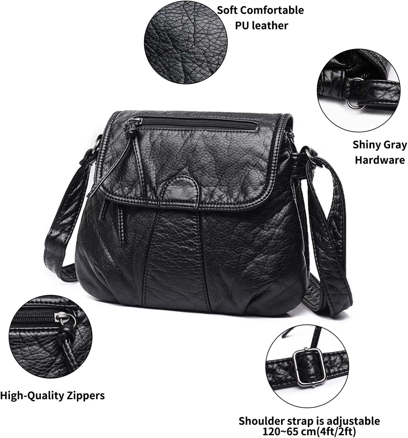 Borsa a tracolla in pelle PU nera, hardware grigio lucido, cerniere di alta qualità, tracolla regolabile 120-65 cm, elegante e confortevole.