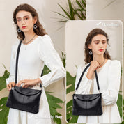 Donna con borsa a tracolla nera in pelle, abito bianco elegante, sfondo verde. Borsa versatile, moda femminile, accessorio di tendenza.