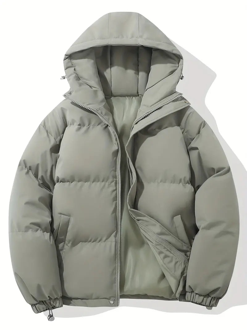 Giacca invernale imbottita grigia con cappuccio, chiusura a zip, design trapuntato. Ideale per uomo, moda casual, abbigliamento caldo.