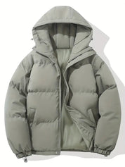 Giacca invernale imbottita grigia con cappuccio, chiusura a zip, design trapuntato. Ideale per uomo, moda casual, abbigliamento caldo.