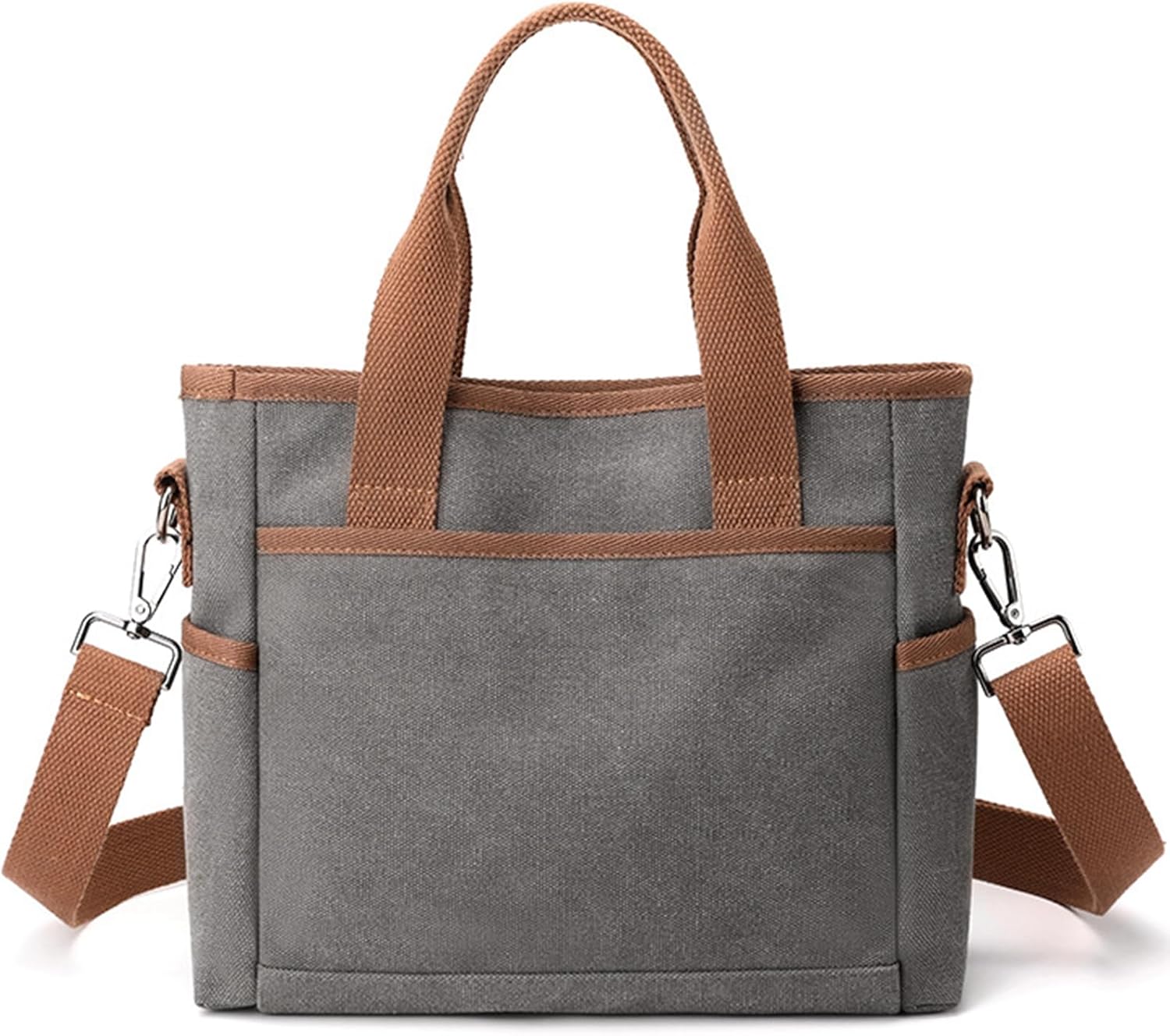 Borsa a tracolla in tela grigia con manici marroni, tasca frontale e tracolla regolabile. Design casual, ideale per uso quotidiano e shopping.
