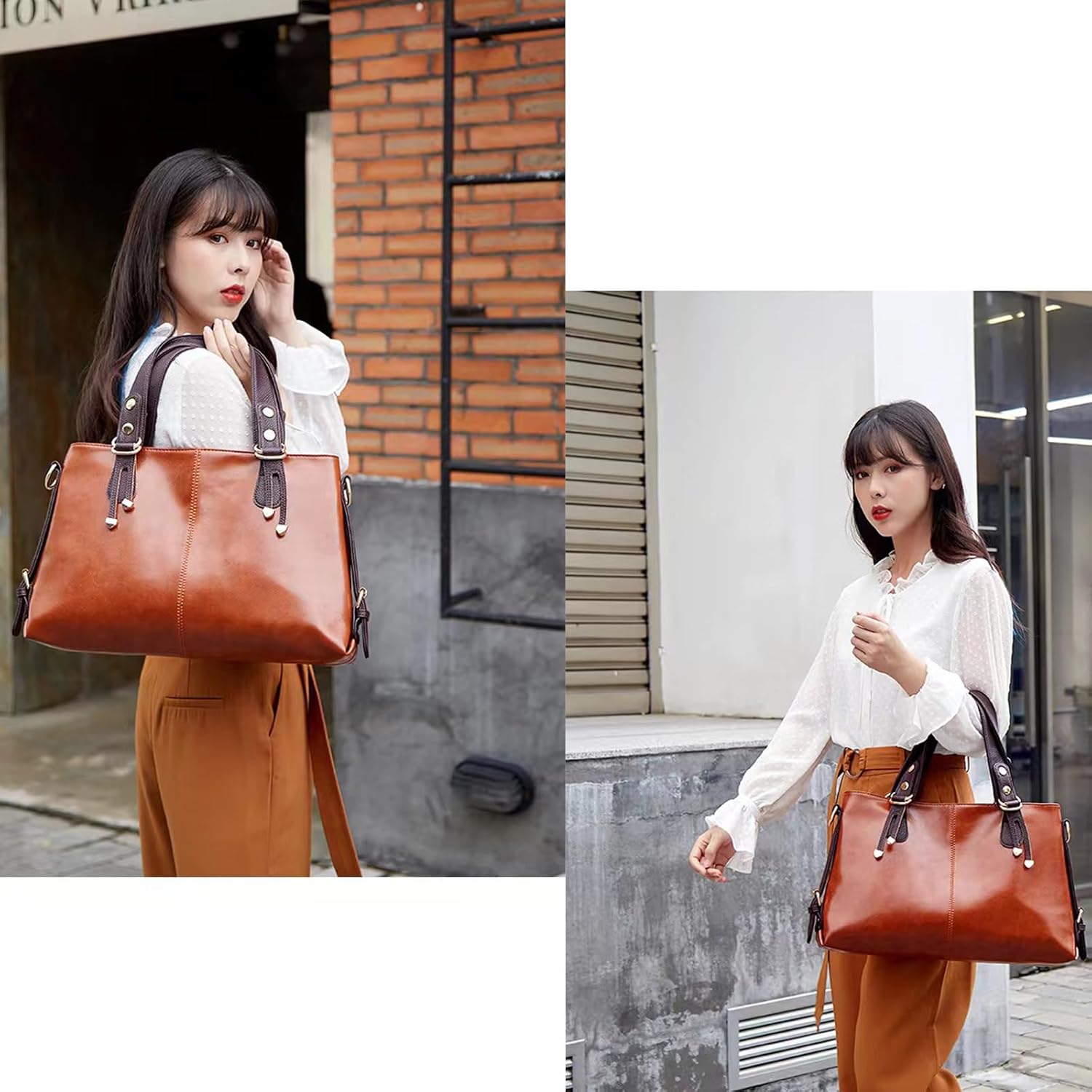 Donna con borsa a tracolla in pelle marrone, elegante e spaziosa, perfetta per l'uso quotidiano. Moda femminile, accessori di tendenza.