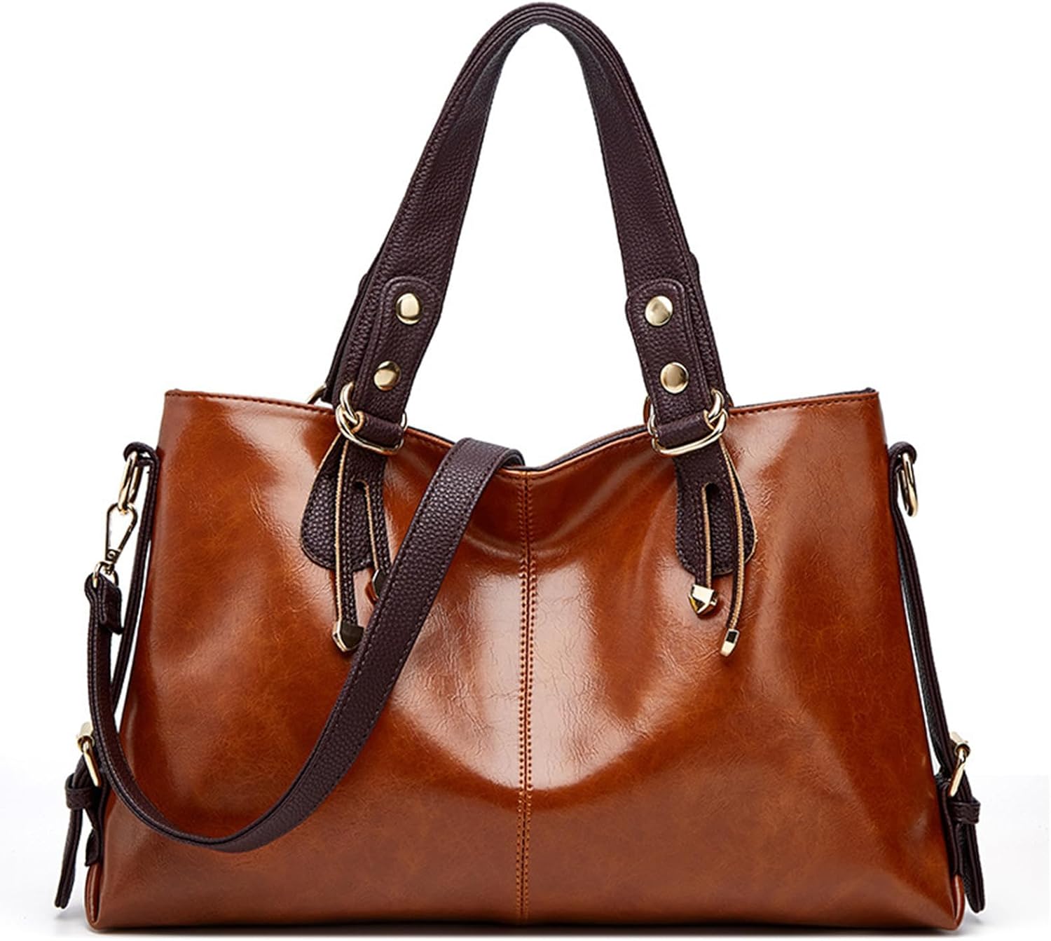 Borsa a mano in pelle marrone lucida con manici e tracolla regolabile, dettagli in metallo dorato. Elegante accessorio moda donna.