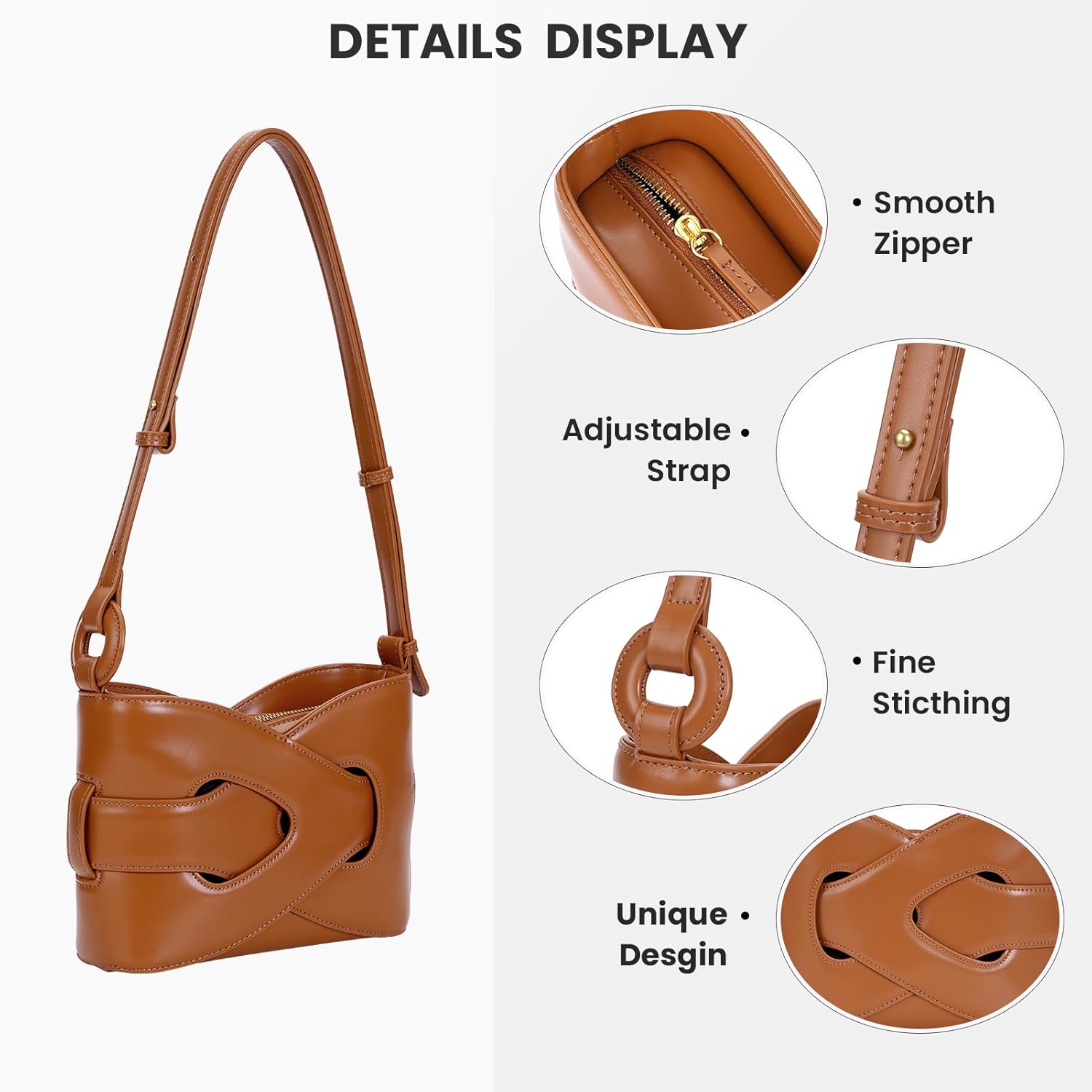 Borsa a tracolla in pelle marrone con cerniera liscia, cuciture fini, design unico e tracolla regolabile. Accessorio moda elegante e funzionale.