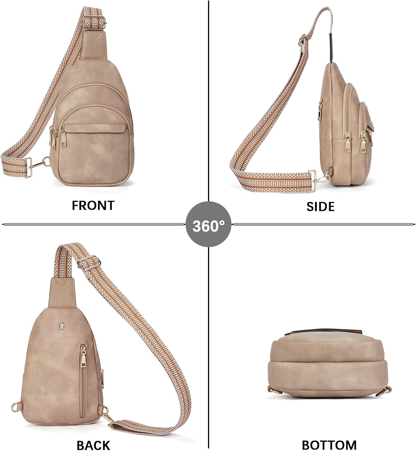 Zaino monospalla beige in pelle sintetica, vista a 360 gradi. Tasche multiple, tracolla regolabile, design elegante e funzionale per uomo e donna.